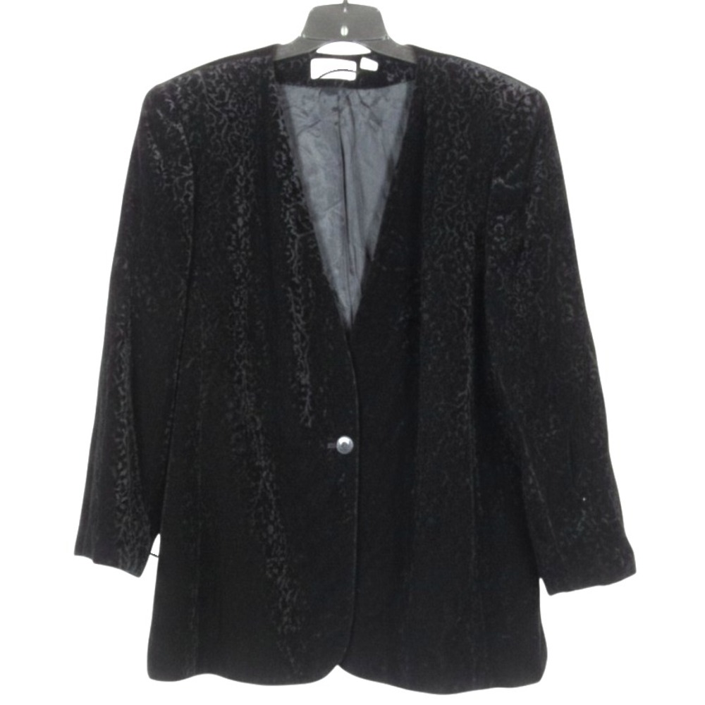 VTG ELISABETH LIZ CLAIBORNE Black VELVET Floral Burnout Print 1-BUTTON Jacket 1X